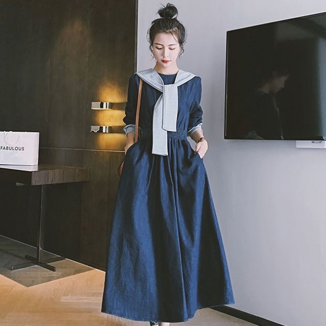 ワンピース ロング 長袖 ロングワンピース レディース 大きいサイズ ワンピース aライン フレア ショール 丸首 着回し 春 秋 冬 ネイビー