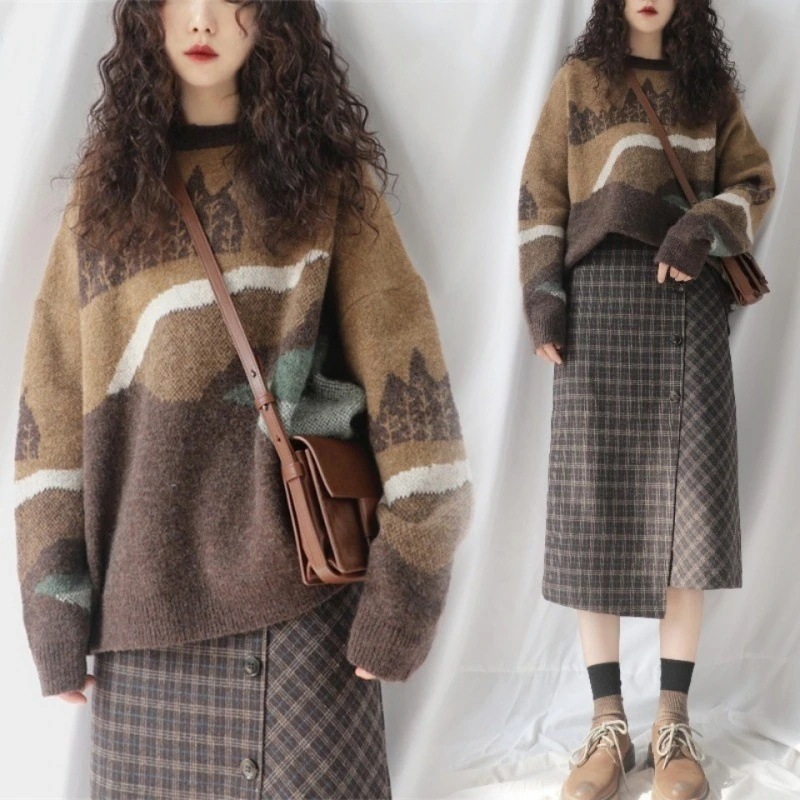 ハイエンドのカスタマイズ-シングル大きいサイズの女性の脂肪ミリメートル秋日本のレトロなセーターニットトップチェック柄スカートツーピーススーツ 200
