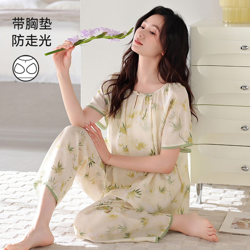 テンセルリネンパジャマレディース夏半袖ズボン織り夏ツーピーススーツ胸パッド一体型薄手スーツ夏