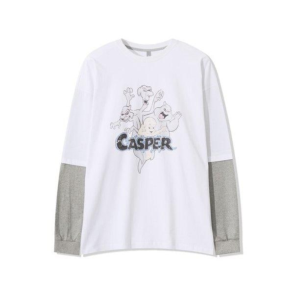 メンズ ゴースト プリント レイヤード 長袖 Tシャツ AC-TSA-Q062-アイボリー