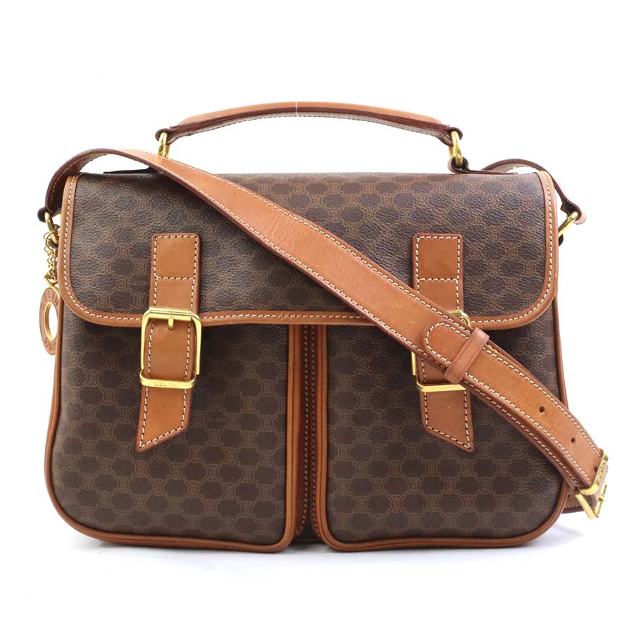 セリーヌ CELINE ショルダーバッグ ハンドバッグ マカダム PVC/レザー ブラウン ゴールド レディース e61331a