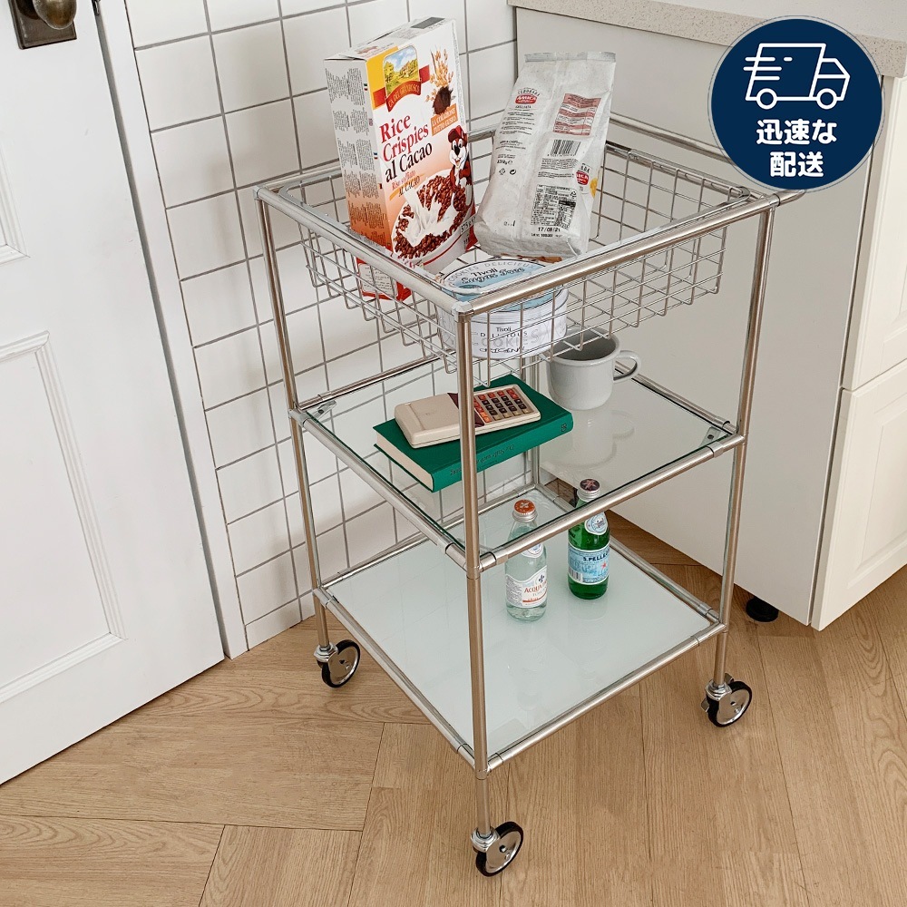 モジュール家具 デュアルキューブ トロリー （透明ガラス2枚+シルバーバスケット1個） 15,736円