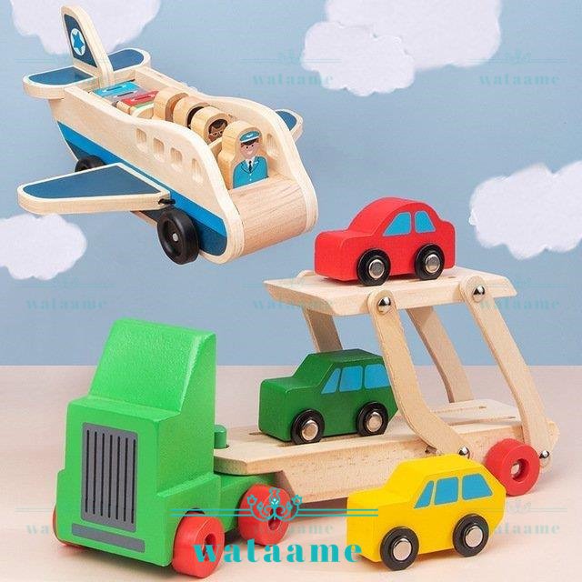 【激安大特価！】  【飛行機 カラフル ドライバごっこ おもちゃ 車玩具 知育玩具 木の玩具 木製 トレーラー】ミニカー ブロック