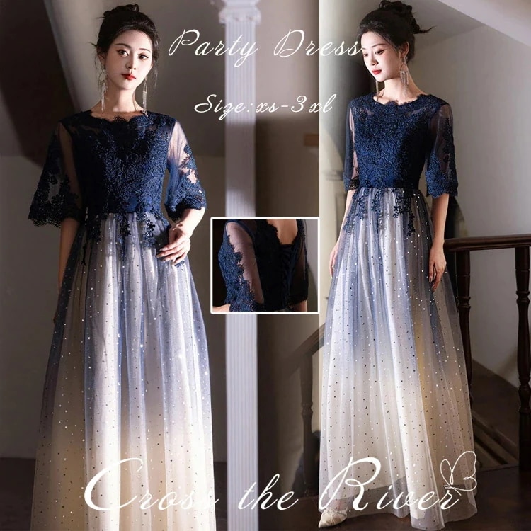 ドレス 大人 ピアノ 発表会 中学生 高校生 パーティードレス 韓国 ロングドレス 演奏会用ドレス 紺色 結婚式 ワンピース 袖あり おしゃれ 膝丈 ミモレ丈 小学生 レディース フォ 5,060円