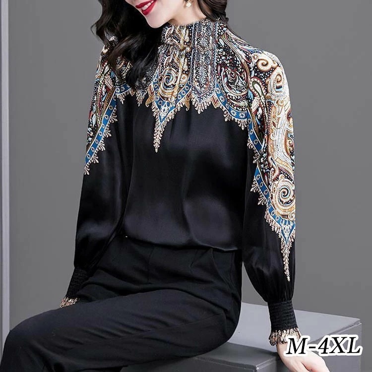 【2025新作】ブラウス シャツ レディース 秋冬 トップス 長袖 薄手 エスニック柄 レトロ柄 40代 50代 60代 総柄 異素材 女子会 カジュアル 大人女子 大人可愛い お洒落可愛い