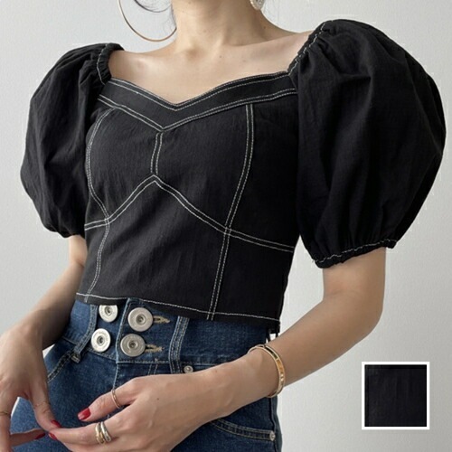 ブラウス シャツ 韓国 ファッション レディース 春 夏 秋 カジュアル コーデ シンプル 定番 セレカジ 20代 30代 40代 2025 デコルテ見せ パフスリーブステッチ ビスチェ風