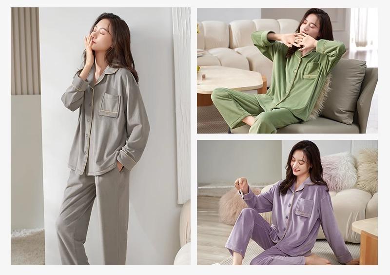 パジャマ レディース 上下セット 春秋 厚手 長袖 ルームウェア 前開き 大きいサイズ ウエストゴム 母の日 プレゼント シンプル 緑 紫 グレー