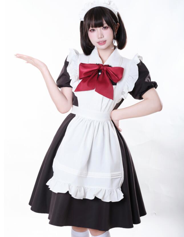 メード服 膝丈 メイドワンピース レディース ハロウィン コスプレ衣装 半袖メイド服 大きいリボン Lolita 学園祭 文化祭 喫茶店 コスチューム イベント衣装 可愛い メイド服 撮影衣装