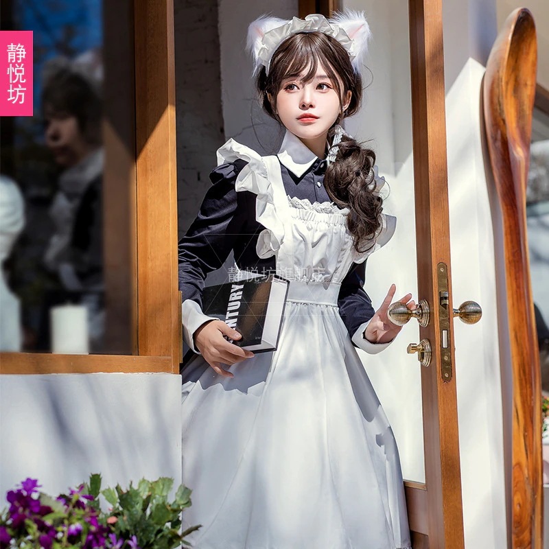 日本のメイド衣装メイド衣装黒ロングスカート柔らかい妹ロリータ長袖ロリータロリータドレスメイド衣装