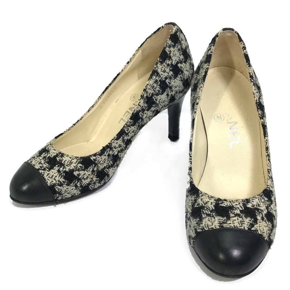 パンプス CC ココマーク ヒール シューズ ツイード ブラックホワイト