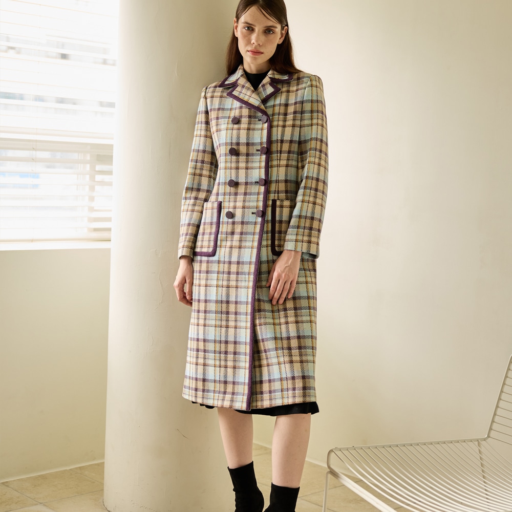 콤비 클래식컬 체크패턴 이태리 울 블랜딩 더블브레스트 롱코트 45,039円