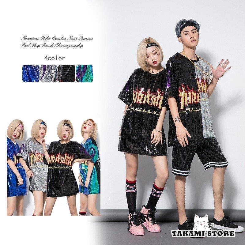 ダンス衣装 スパンコール 衣装 ロック丈 ヒップホップ ガールズ HIPHOP ダンストップス キラキラ パンク ジャズ ステージ衣装 舞台 Tシャツ 大きいサイズ 5,092円