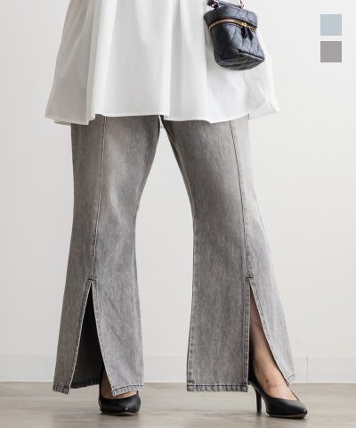 大きいサイズ レディース LL 3L 4L XL XXL XXXL フロントスリットデニムフレアパンツ