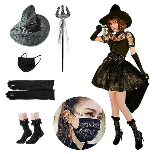 [COCCIA] 魔女黒装束フルセット リボンベルト マ スク付き ハロウィン レディース 仮装
