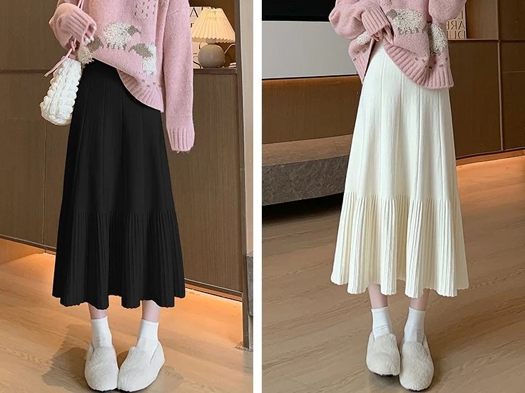 記憶に残る贈り物レディース スカート 膝下 Aライン プリーツ 中厚手 ニット かわいい シンプル ガーリー 無地 通勤 通学 デート お出かけ お泊まり 楽ちん 暖かい ゆったり