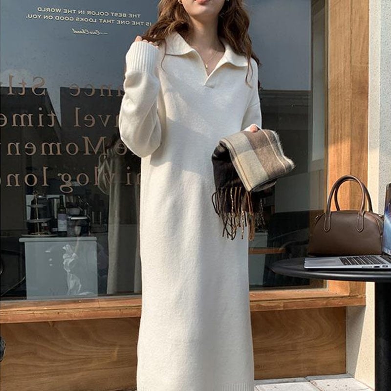 ワンピース 袖あり 長袖 襟付き 大人女子 こなれ感 無地 秋 冬 クリスマス バレンタイン 10代 20代 個性的 ホワイト グレー L XL エレガント ラフ クール イベント パーティ