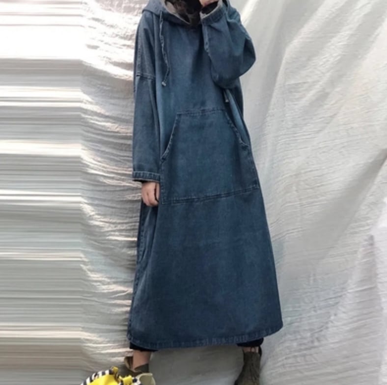 ワンピース デート デニムワンピース ロング 袖あり 長袖 デニム 春 秋 10代 20代 30代 個性的 M L XL 2XL ブルー こなれ感 ゆったり ラフ ルーズ ガーリー マニッシュ