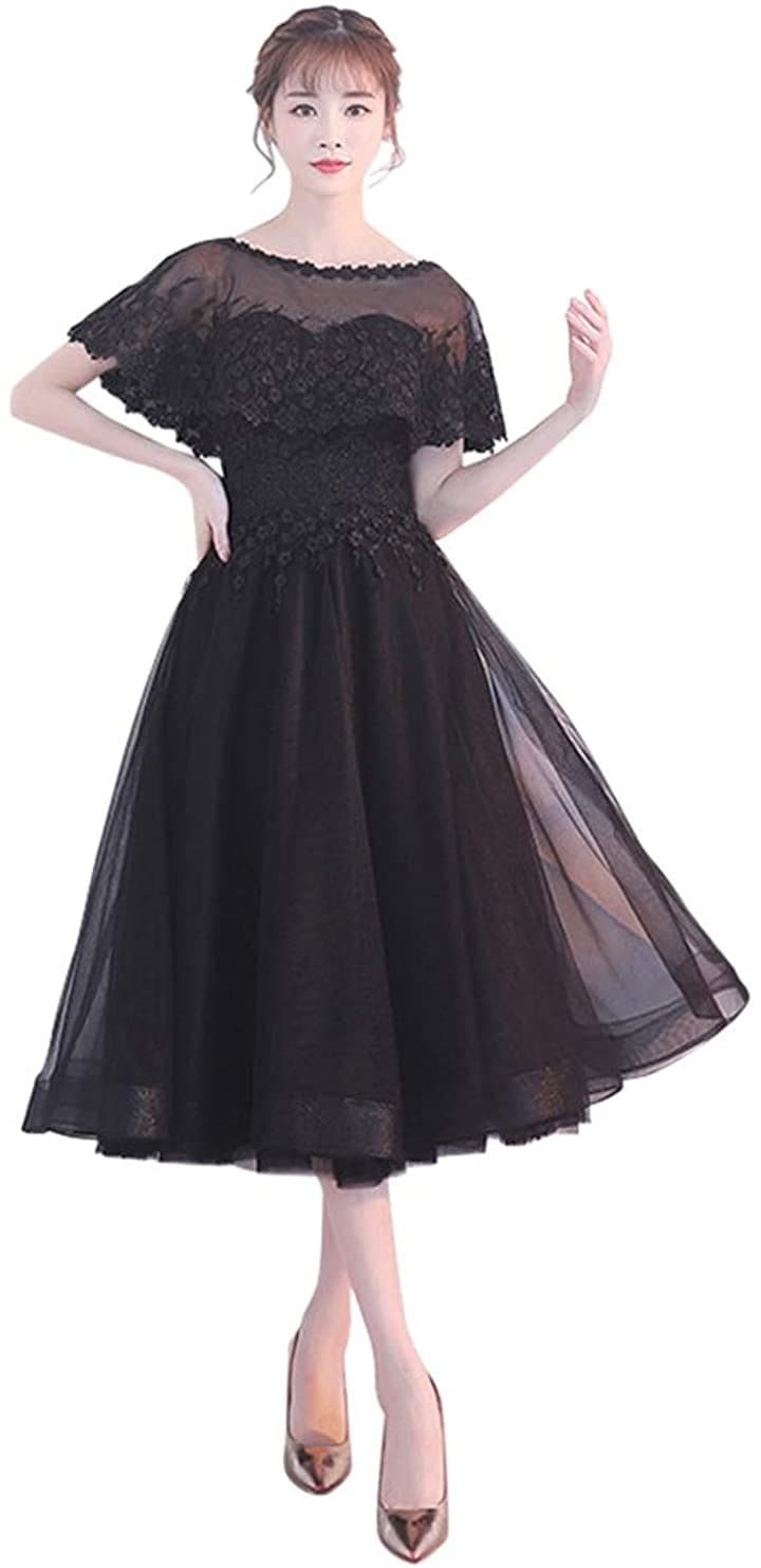 パーティードレス ミモレ丈 結婚式 ワンピース 結婚式ドレス ロング フォーマルドレス ブラック，(