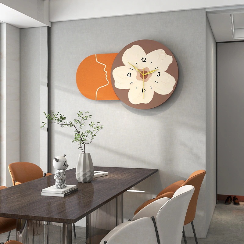 掛け時計 花柄 モダン アーティスティック アナログ 木製 おしゃれ かわいい インテリア 北欧 壁掛け 時計 ウォール クロック 暖色系 4-7
