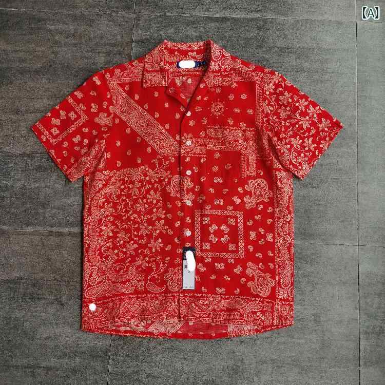 メンズ 春夏 トップス 柄シャツ 総柄 カシュー フラワー ハワイアン 綿 麻 半袖 レッド