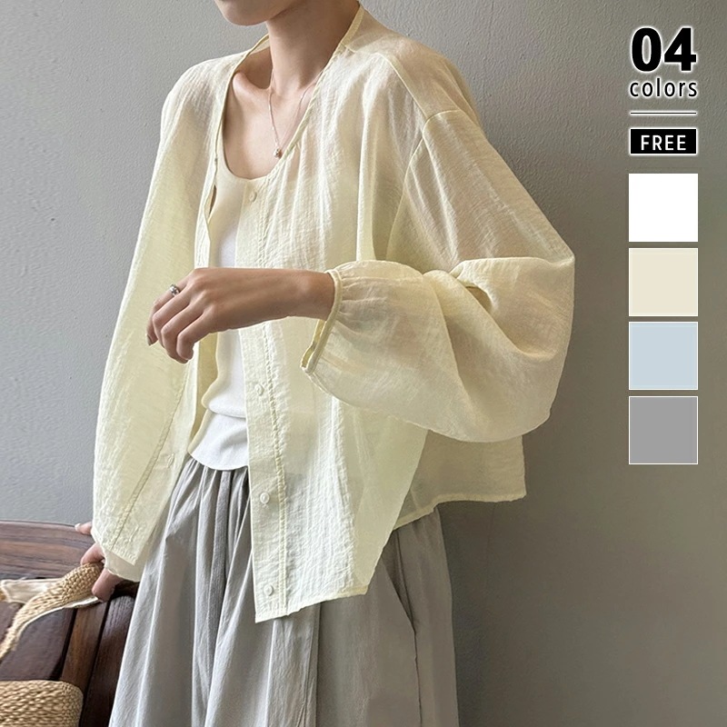 [迅速な配達][限時割!引!]シャツ シアーシャツ ノーカラーシャツ レディース 長袖 シアー 透け感 トップス 羽織 日焼け 対策 冷房対策 薄手 おしゃれ オフィス ゆったり ボリューム袖 ドロッ