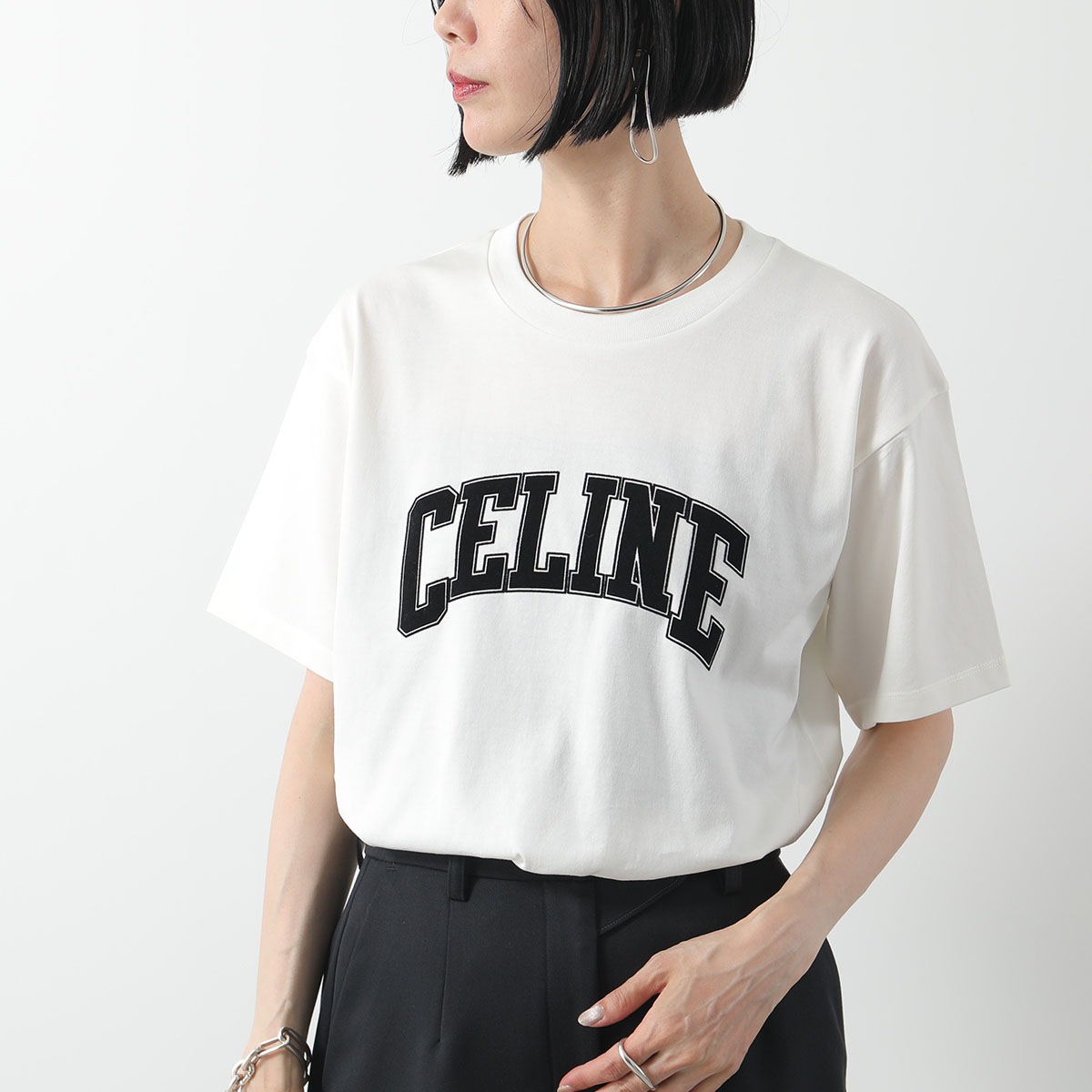 CELINE セリーヌ Tシャツ RX0AY671Q.01OB レディース ルーズ ロゴT コットン 半袖 カットソー フロッキープリント クルーネック オフホワイト