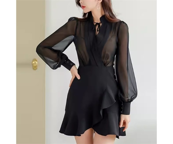 レディース ワンピース ミニ ショート イレギュラー 不規則 長袖 ボリューム袖 バルーン袖 ランタンスリーブ Vネック フィッシュテール フェミニン シフォン フリル リボン ウエストマーク
