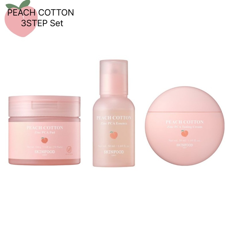 [NEW] SKINFOOD スキンフード ピーチポソン 3点セット (トナーパッド70枚+エッセンス50ml+クリーム50ml) / PEACH COTTON 3-Set (Toner Pad+Es