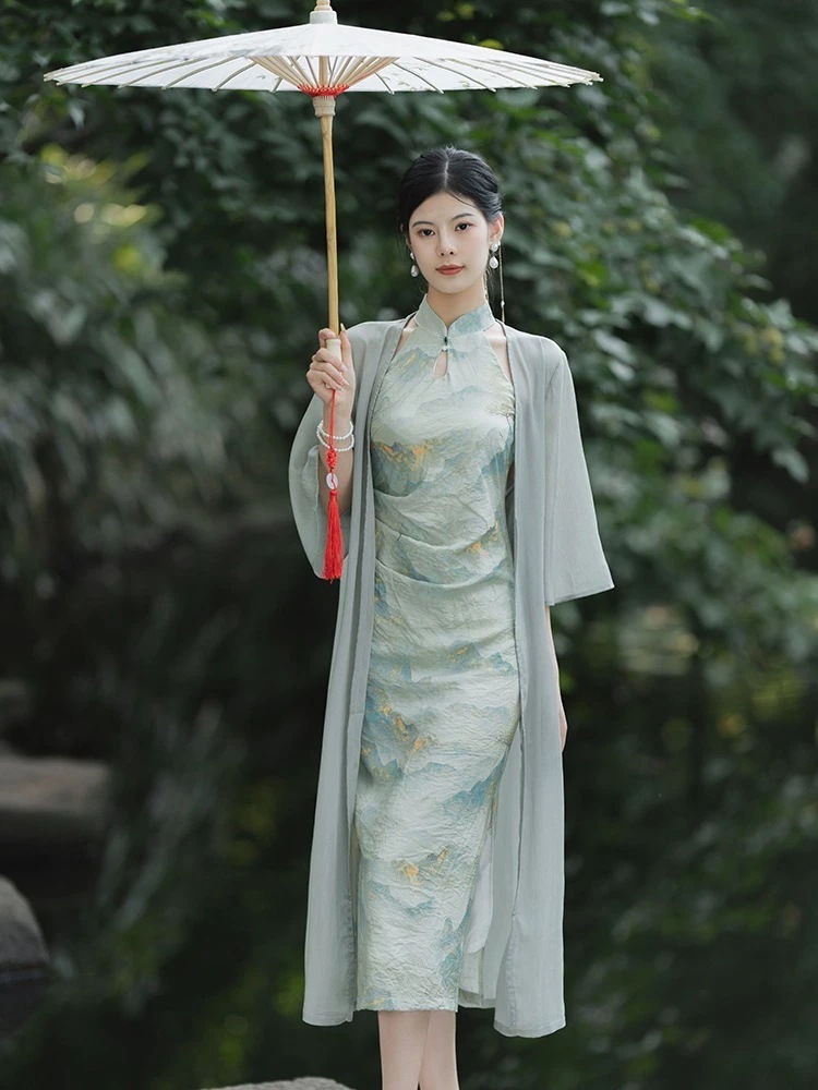 【酔清風.上品】 チャイナドレス カーディガン付き ワンピース チャイナワンピース スリット レトロドレス パーティー フォーマル 演奏会 成人式 新中式30%までに制限