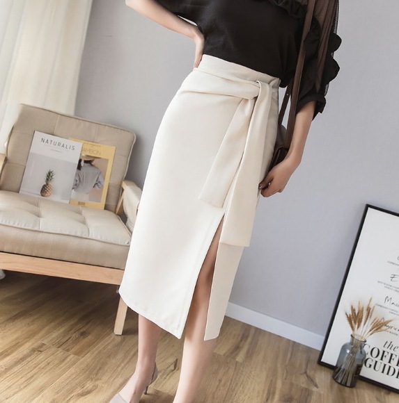 スカート デート モテアイテム ペンシルスカート ミモレ丈 ウエストリボン サイドスリット 可愛い きれいめ 上品 おしゃれ かっこいい 可愛い ラブリー キュート ガーリー クール モード系