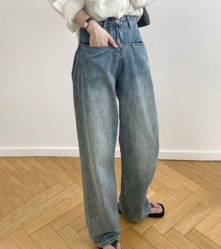 ボトムス パンツ デニム ズボン デニムパンツ ワイド ポケット ハイウエスト シンプル カジュアル おしゃれ お洒落 かっこいい レトロ ラフ メンズライク マニッシュ ボーイッシュ ルーズ 個性的