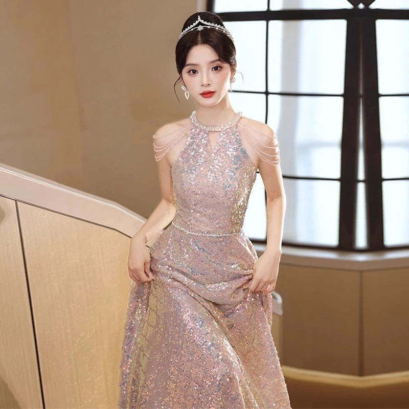 【急速出荷!】ピンクマーメイドスパンコール婚約イブニングドレス女性ホストウェアブライダル