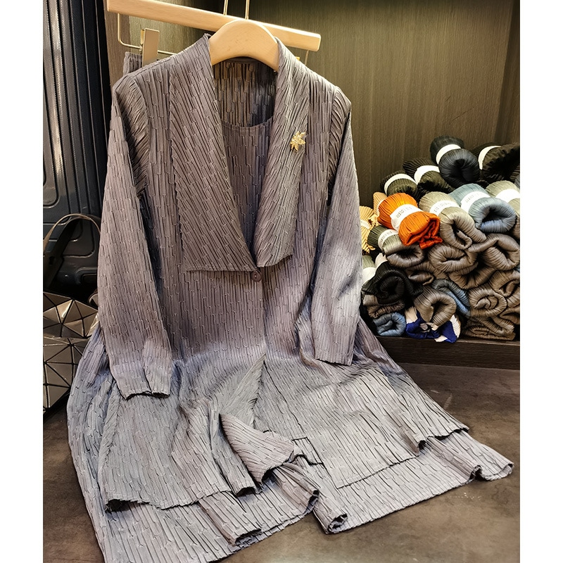 一粒バックルシワスーツジャケットワイドパンツ2点セット春ファッションスーツ