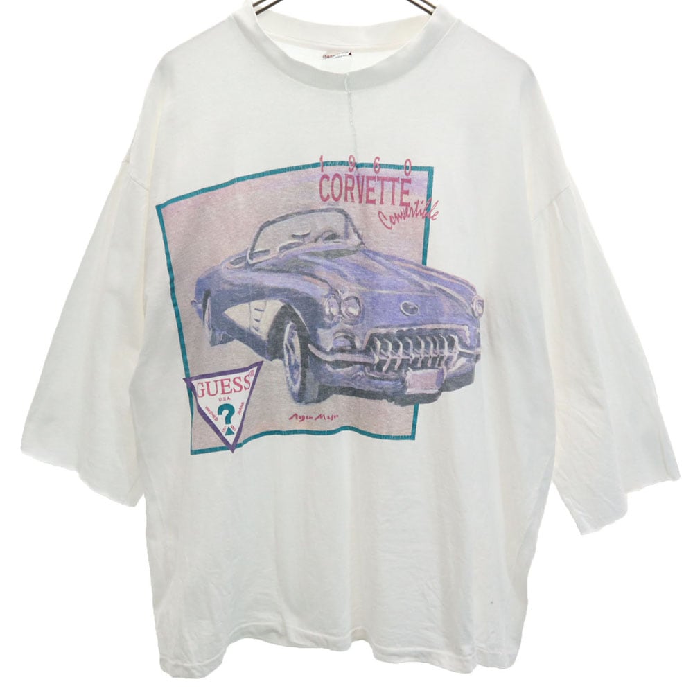90s USA製 プリント 5分袖 シングルステッチ Tシャツ L ホワイト系 オールド ヴィンテージ メンズ