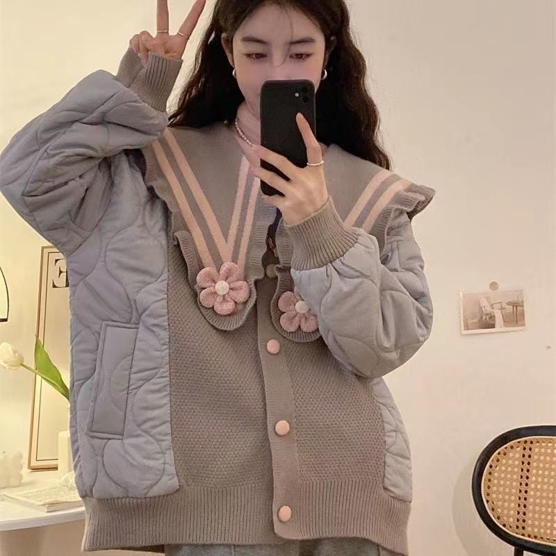 大きいサイズ 冬アウター 可愛い ベビー襟 ショート中綿コート レディース 暖かい ニット切り替え 花 綿ジャケット 韓国ファッション 学生冬アウター 防寒 裏起毛 怠惰な風