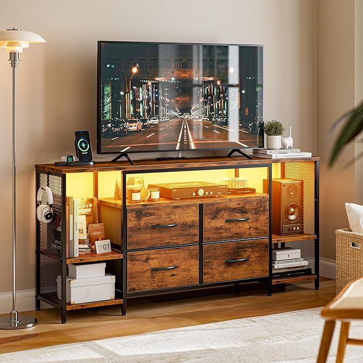 テレビ台 テレビボード 収納チェストロータイプ棚付き 引き出し付き ローボード テレビラックワイドチェスト大容量収納 tv台 可動棚 (ビンテージ, 幅135x奥行30x高さ63cm)