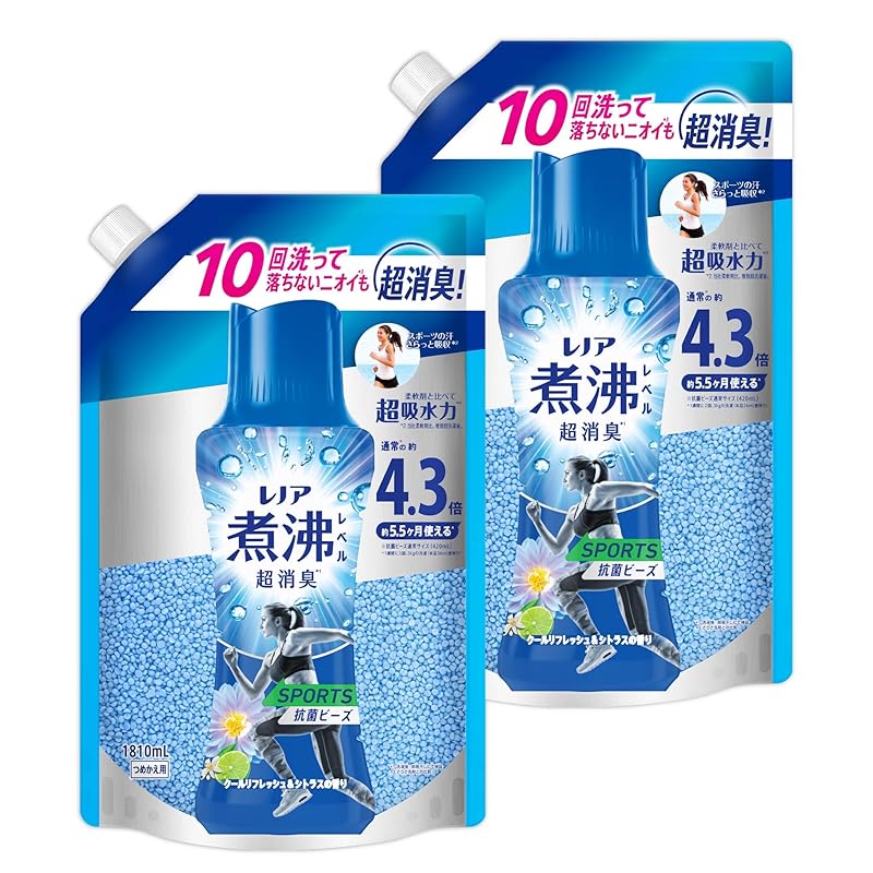 レノア Lenor 煮沸レベル超消臭 抗菌ビーズ SPORTS クールリフレッシュ&シトラス 詰め替え 1,810mL×2袋 [大容量]【まとめ買い】