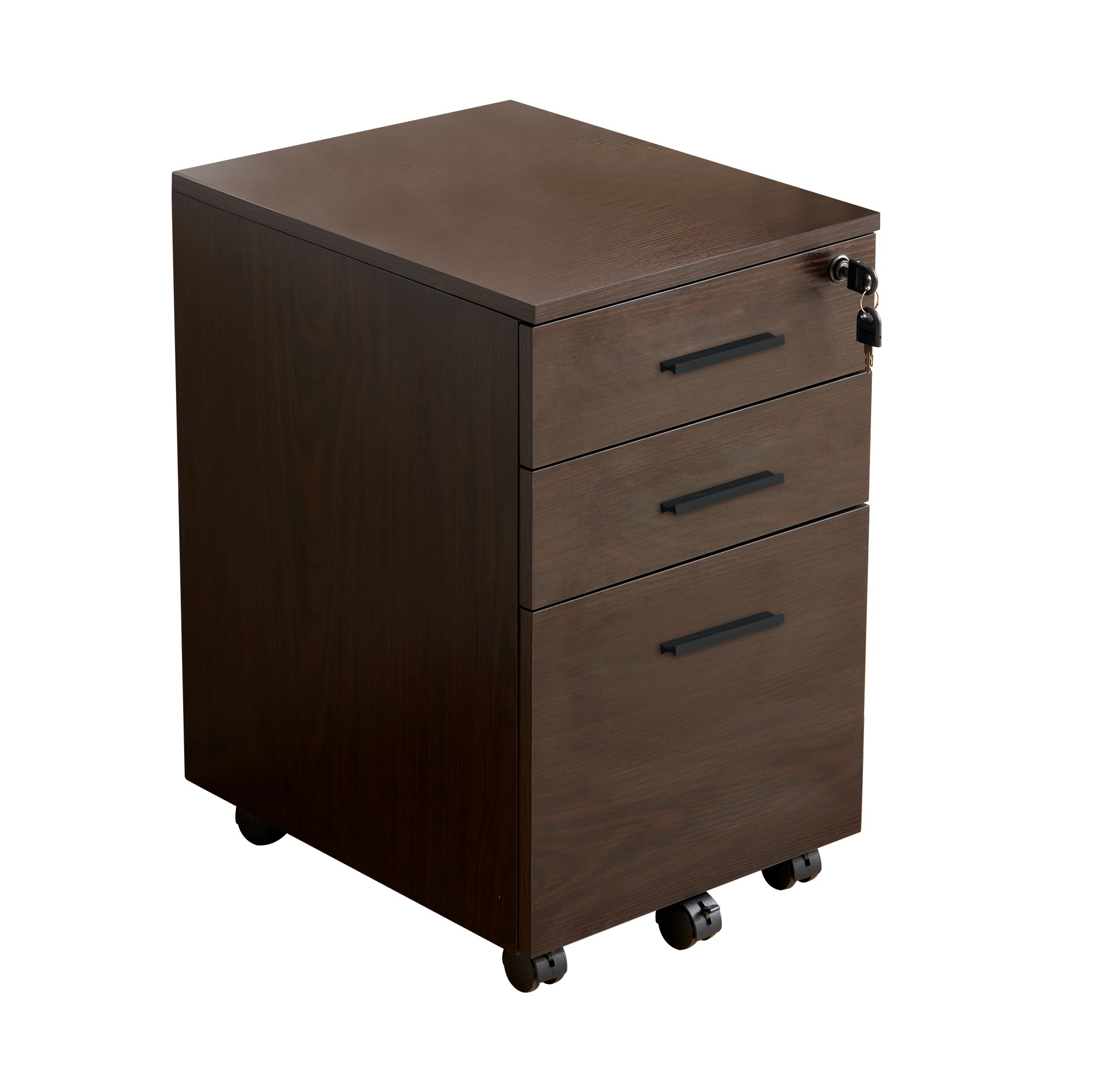 【国内発送】1650【新品登場】デスクワゴン サイドワゴン ラック 鍵付き キャスター付き 脇机 引き出し3段　クルミ