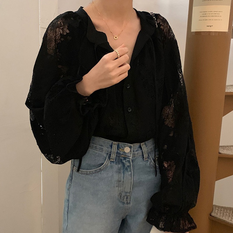 トップス 総レース シャツ ブラウス カットソー 羽織 長袖 ボリューム袖 ゴム袖 フリル袖 襟なし ルーズ レース フリル リボン 前開き 透け感 シースルー 裏地なし フロントボタン ひらひら
