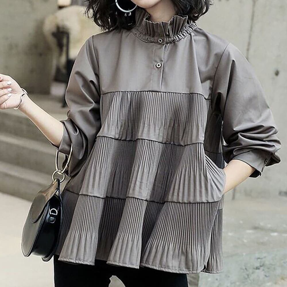 レディースブラウス 長袖 スタンドカラー ハイネック Aライン フレア 無地 切り替えデザイン バックリボン プリーツ加工 シャツ プルオーバー トップス 春 秋 大人可愛い 大人女子 おしゃれ 6,872円