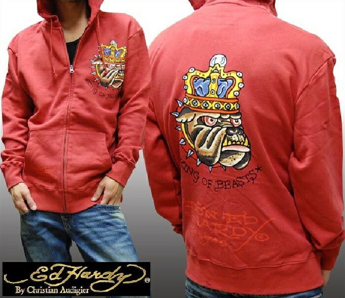 セール エドハーディー 200種類の品揃え Ed Hardy メンズ ジップアップ パーカー King Of Beast レッド エドハーディー 正規品 インポート セレブ ファッション