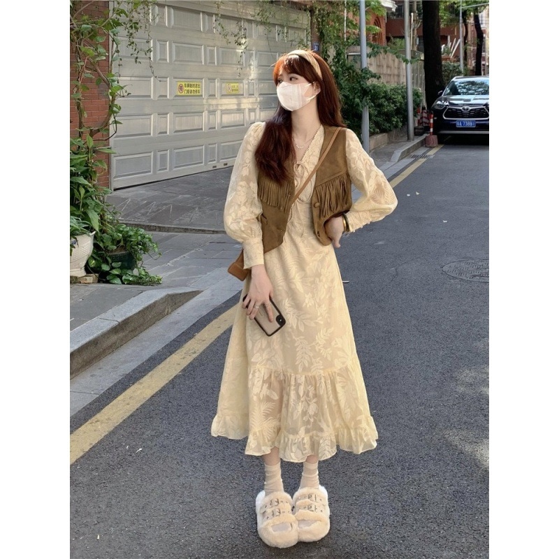 ワンピース優しいレトロフランスベストワンピース二点セットキュービック小さな花ワンピース