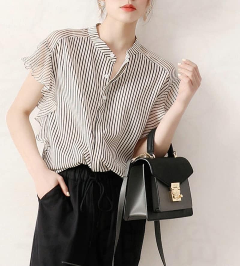 トップス ブラウス 半袖 シフォンブラウス レディース シャツ 半袖シャツ シースルー フリル ストライプシャツ 透け感 きれいめ シンプル 大人 上品 おしゃれ エレガント フォーマル ストライプ