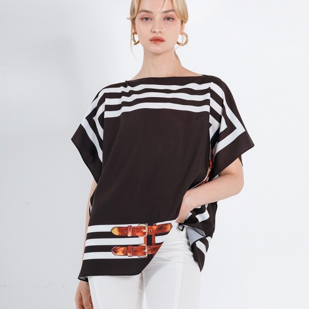 (Max Cartiggio) ボートネックスカーフプリントボディカバーシフォンブラウス