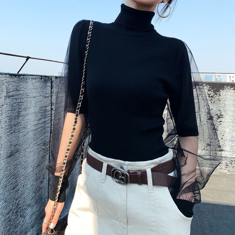 チュールスリーブ タートルネックニット ハーフ袖 OHCA0080