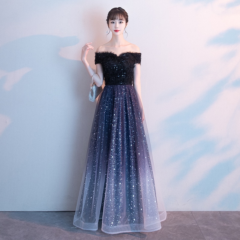 一字肩星空グラデーションドレス2025新型宴会気質端正司会者気場女王ワンピース