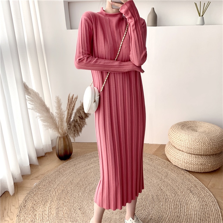 ニットワンピース ピンク ブラック ホワイト ワンピース ロング ロング丈 スリム 細身 ストレート