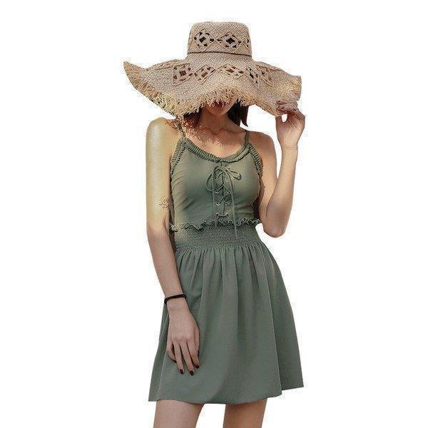 水着レディース2点セットワンピース体型カバーハイウエスレースアップフリル可愛い着痩せエレガントフェミニン無地単品新作 4,786円