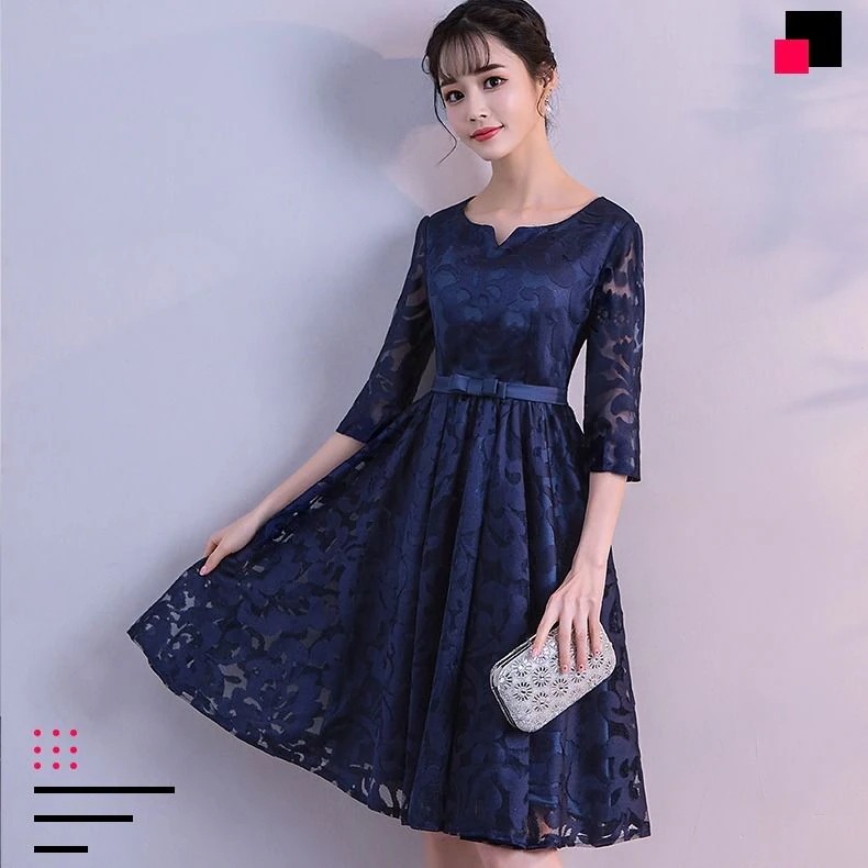 女性宴会用イブニングドレス2024気質ブルーショートパーティードレススモールドレスウィンタードレス痩身