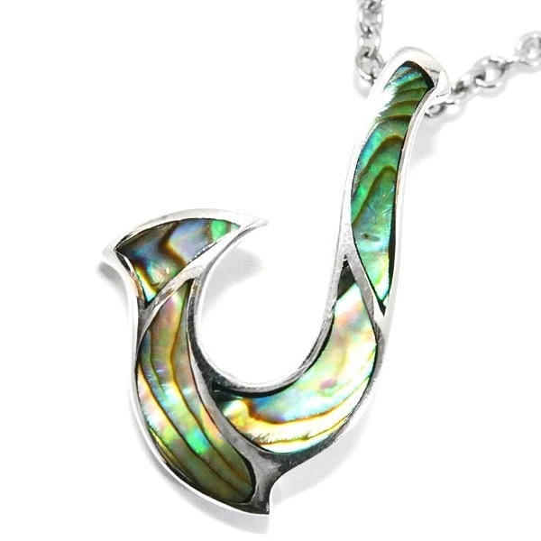 釣り針 フィッシュフック アワビ 貝 シェル 天然石 ハワイアンジュエリー 波 模様 シルバー 925 銀 メンズ ペンダント ネックレス